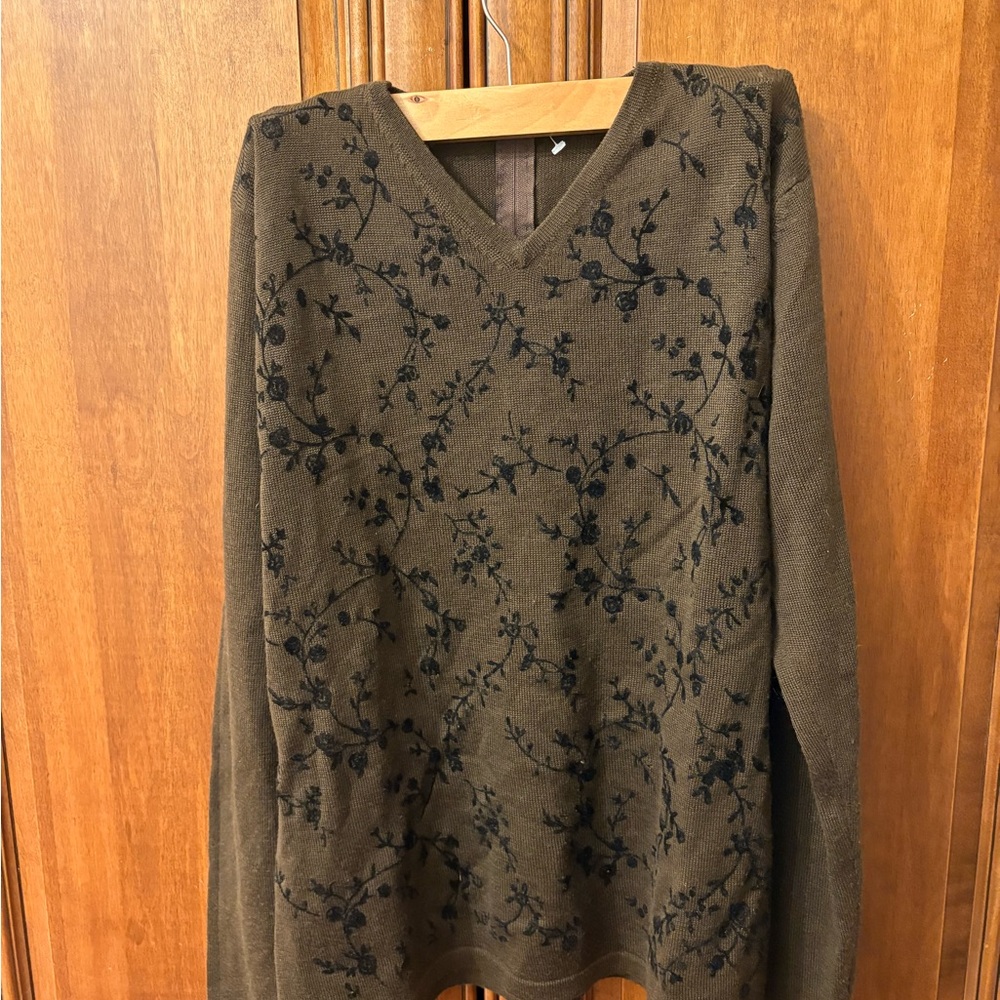 Brown Sweater with Black Floral suede Embroidery